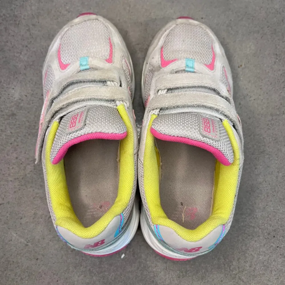 New Balance Gray pink yellow suede no lace sneakers Youth girls 2 athletic shoes